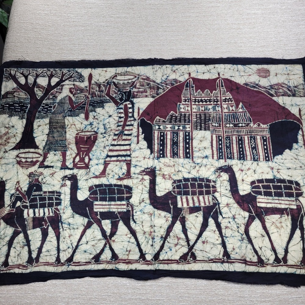 African Batik Dye Art Wall Hanging Camel Caravan Village Scene Tapestry Signed